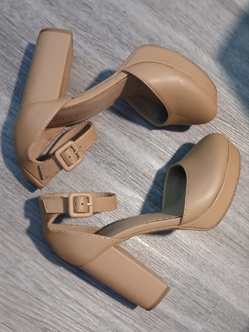 Sun + Stone Beige Ankle-Strap Block Heels